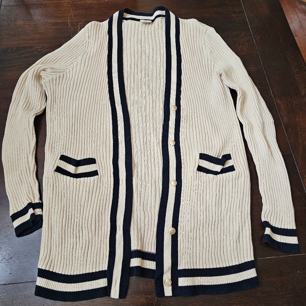 CAbi Navy and Cream Cardigan